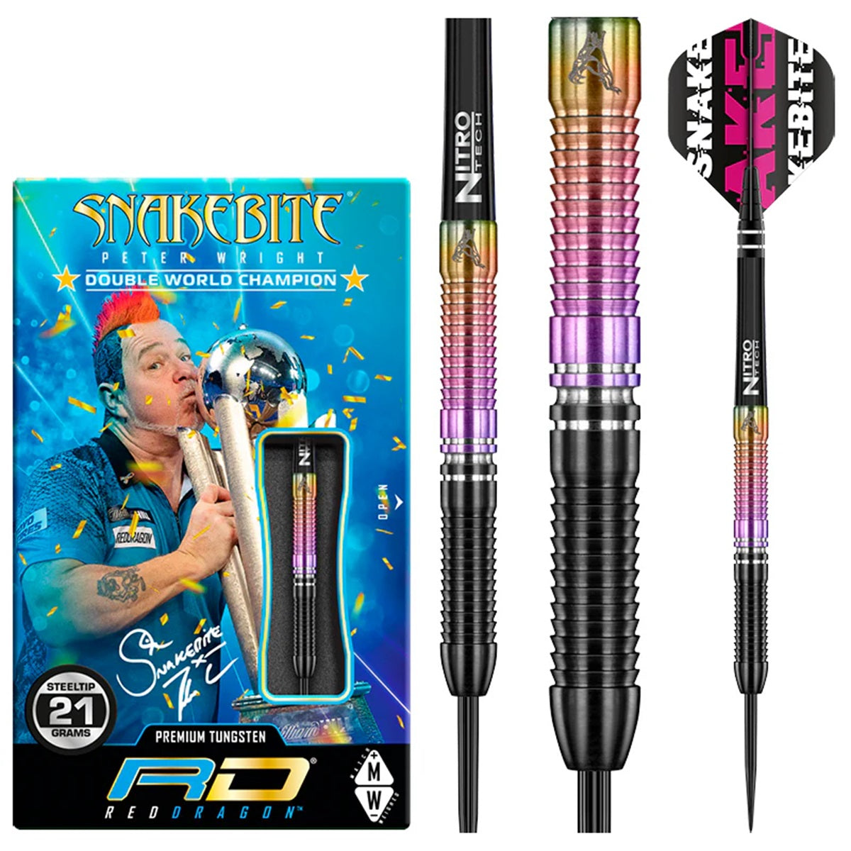 Peter Wright 2020 SE Steel Tip Darts product image showing the complete dart set, packaging and accessories