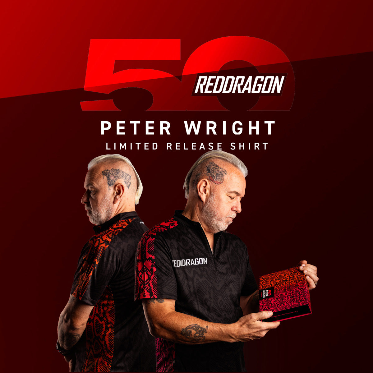 Red Dragon Peter Wright 50 Years Limited Edition Dart Shirt player image featuring Peter Wright wearing the official shirt