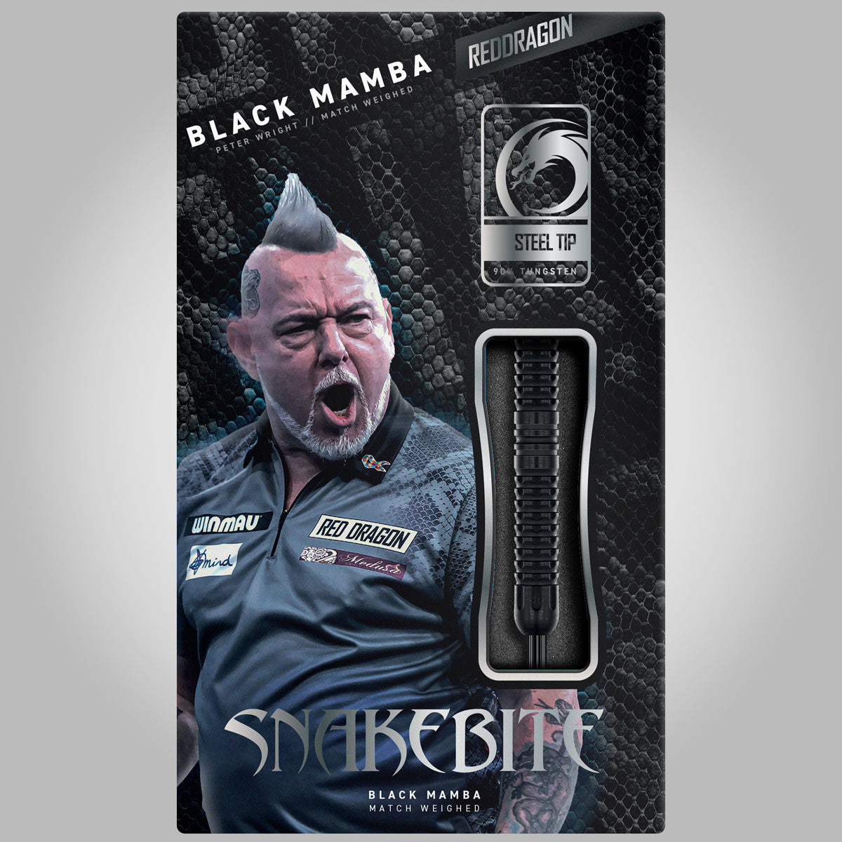 Red Dragon Peter Wright Black Mamba Steel Tip Darts packaging image showing the retail presentation and box artwork