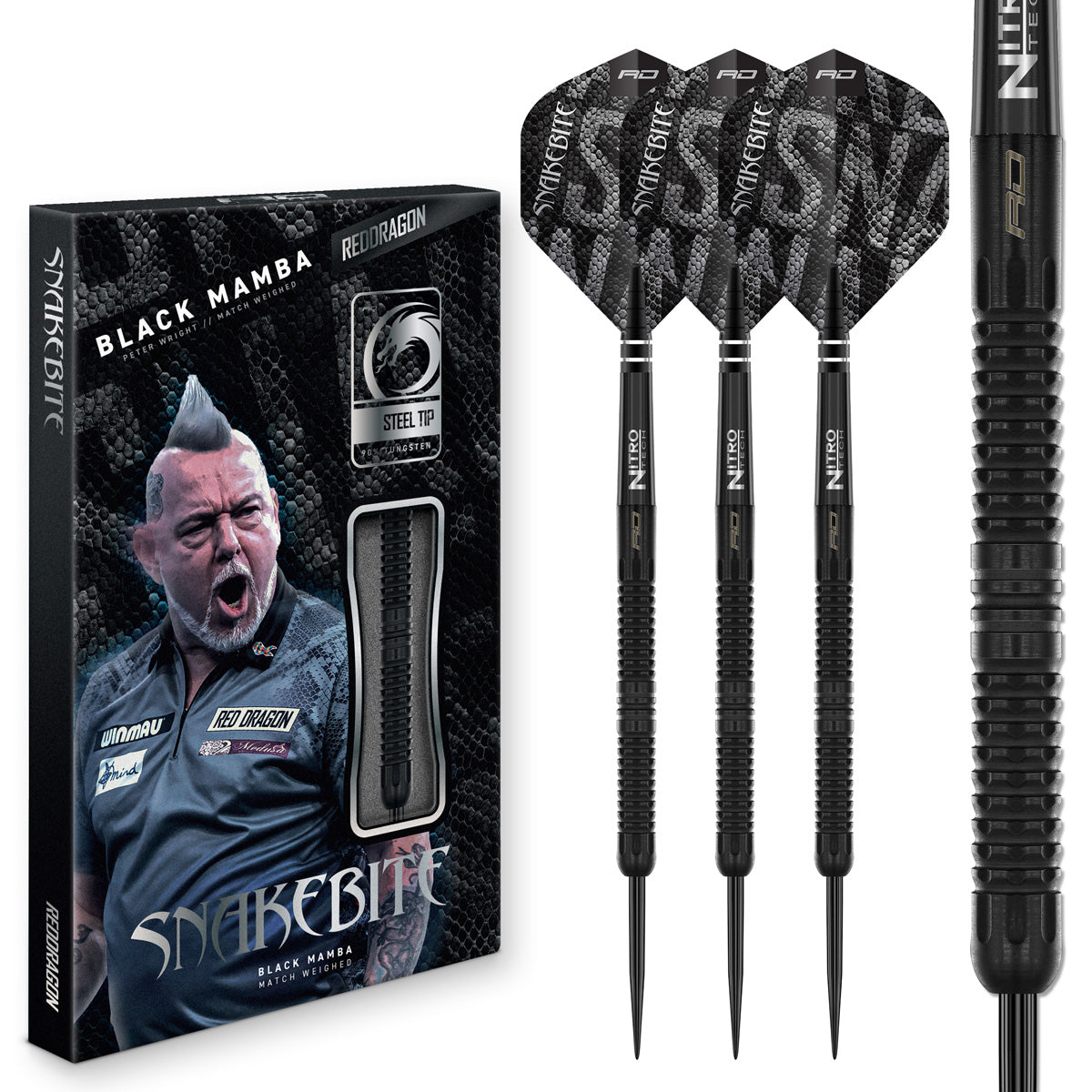 Red Dragon Peter Wright Black Mamba Steel Tip Darts main product image showing the darts, packaging, flights, shafts, and included accessories