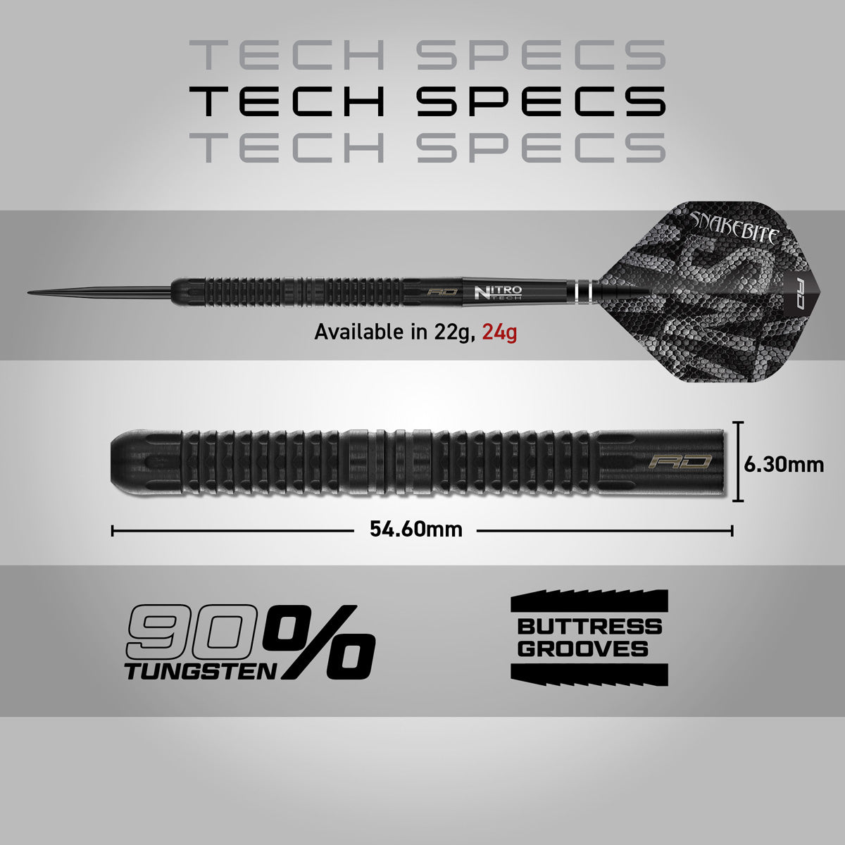 Red Dragon Peter Wright Black Mamba Steel Tip Darts specifications image showing barrel dimensions, weight, and technical details