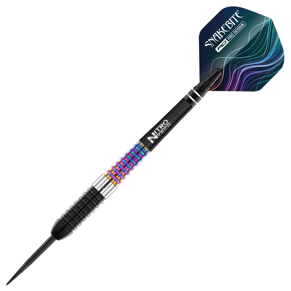Peter Wright Corra Steel Tip Darts close up image highlighting the barrel grip texture, coating, machining, and design details