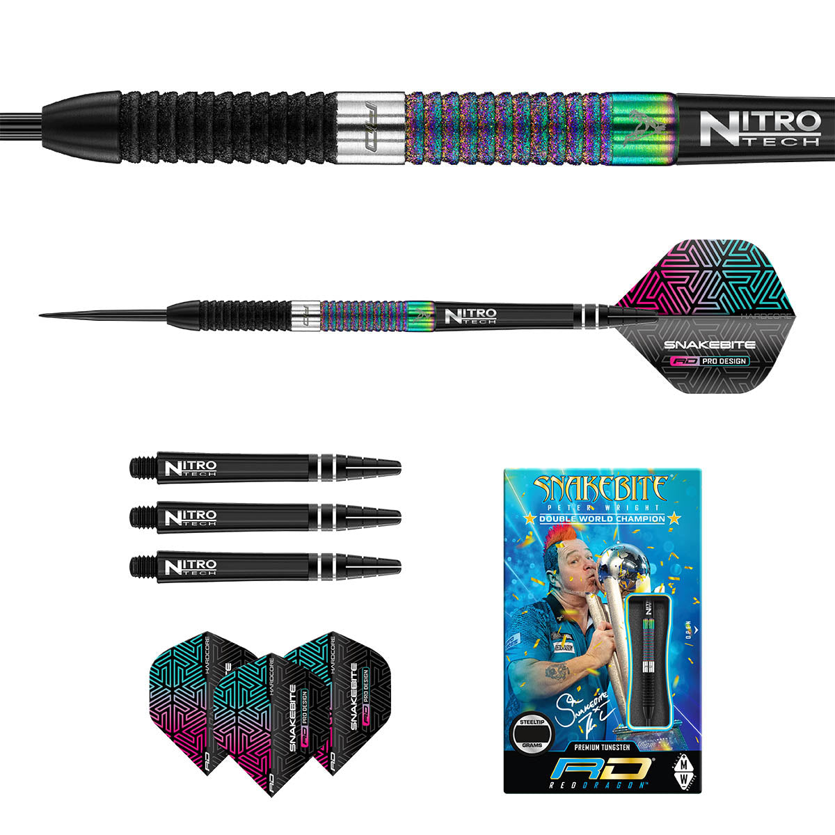Contents of the Peter Wright Diamond Edition darts box including flights, shafts and accessories