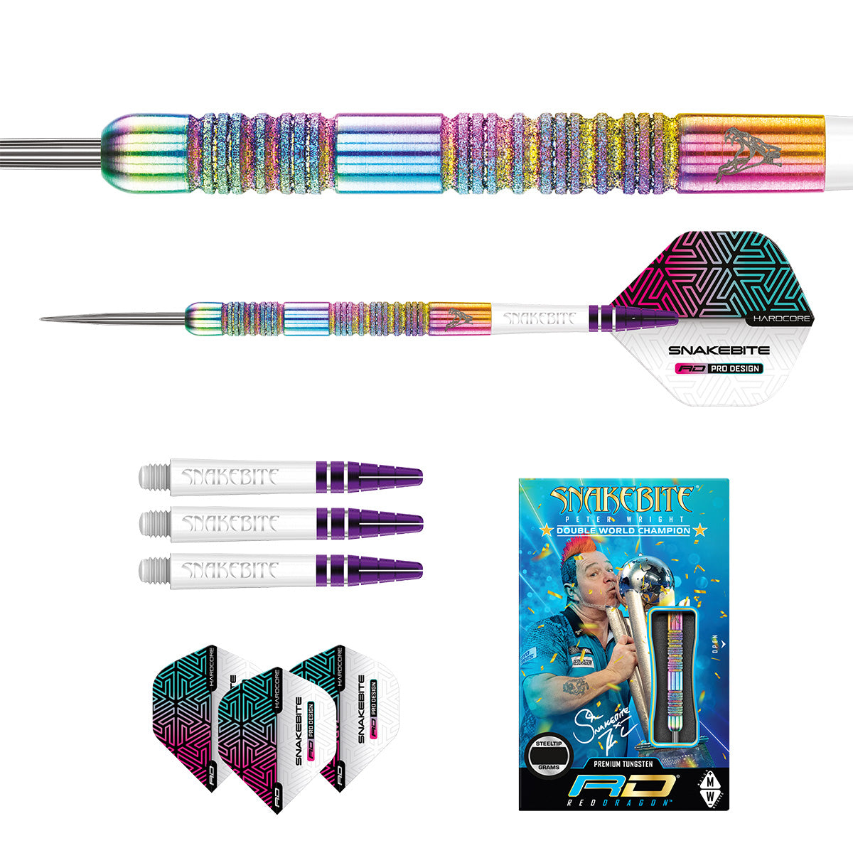 Peter Wright Diamond Fusion Spectron SE Steel Tip Darts image displaying everything included inside the box