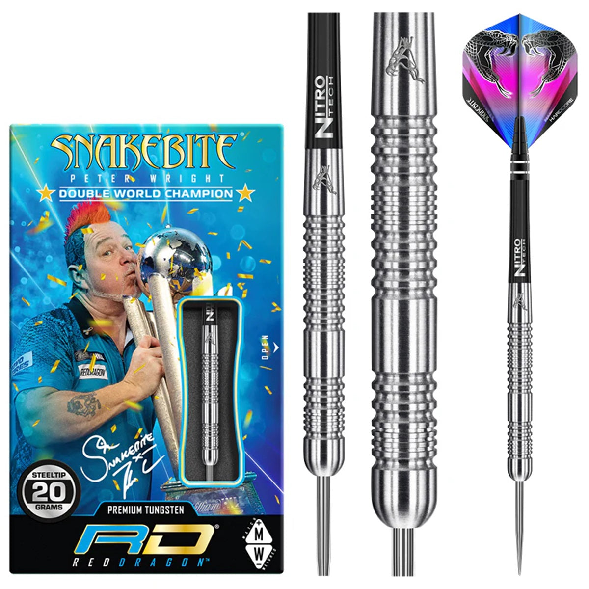 Peter Wright Euro 11 Steel Tip Darts product image showing the complete dart set, packaging and accessories