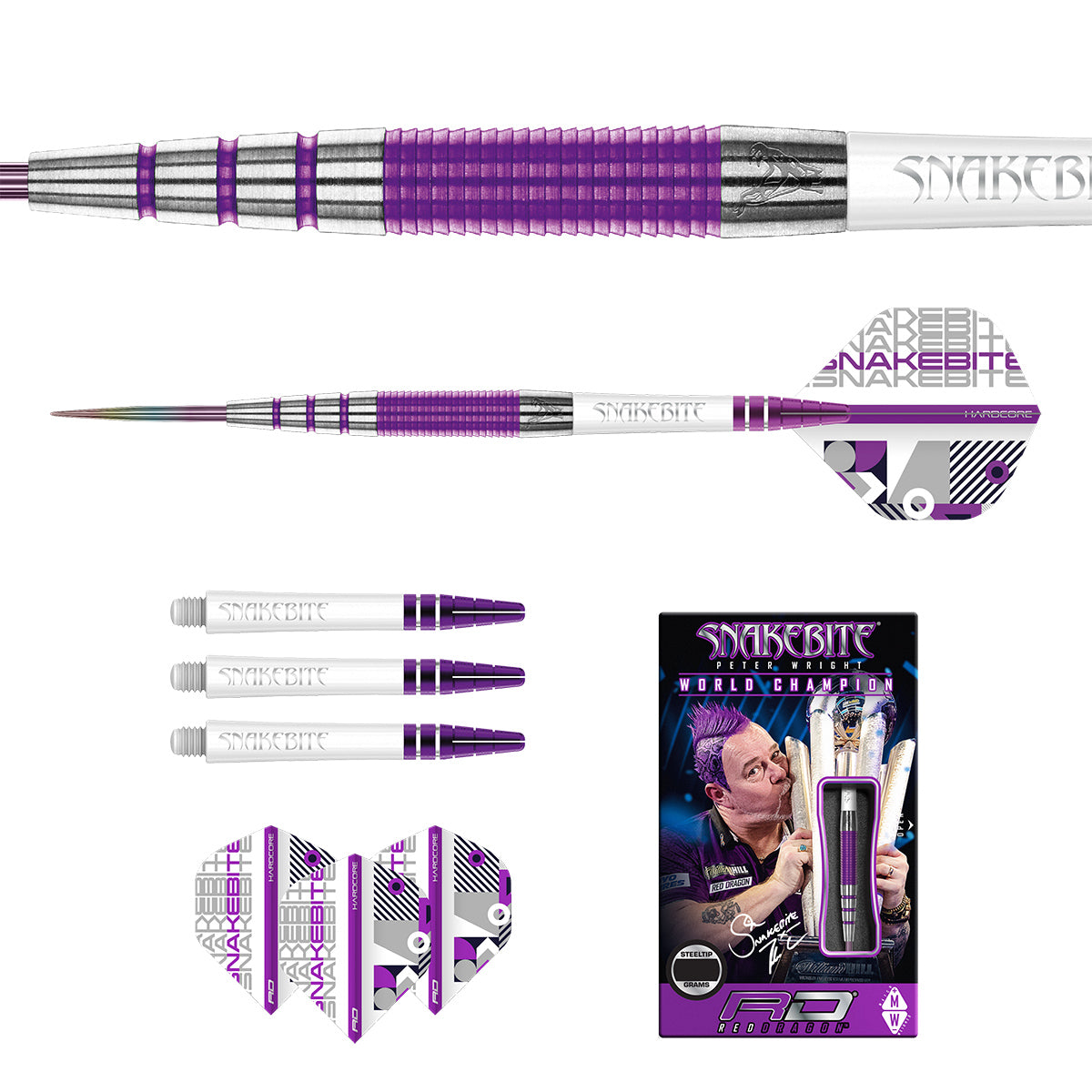 Contents of the Peter Wright PL15 Medusa darts box including flights, shafts and accessories