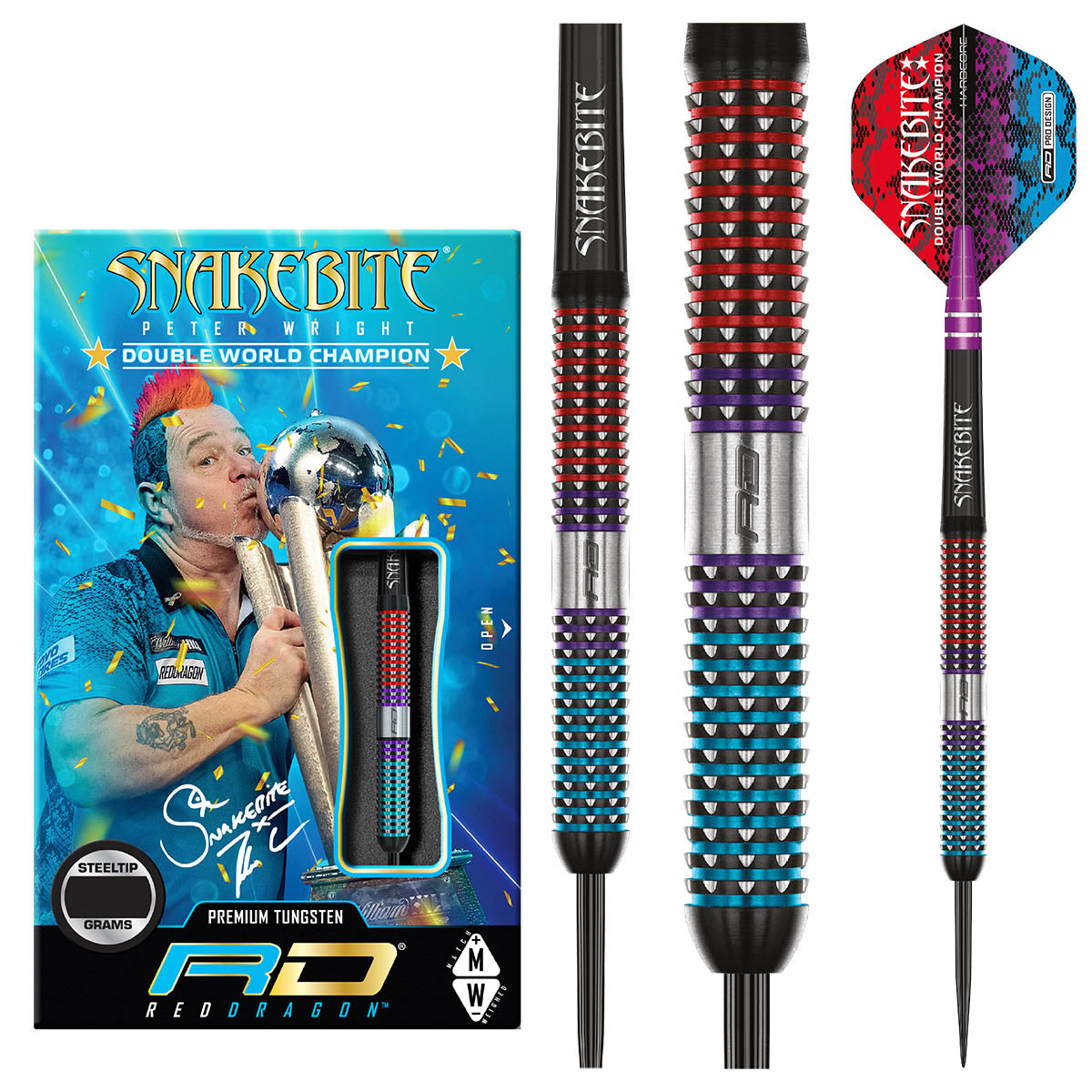 Peter Wright Spirit Steel Tip Darts product image showing the complete dart set, packaging and accessories
