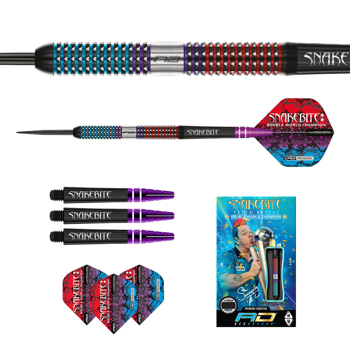 Contents of the Peter Wright Spirit darts box including flights, shafts and accessories