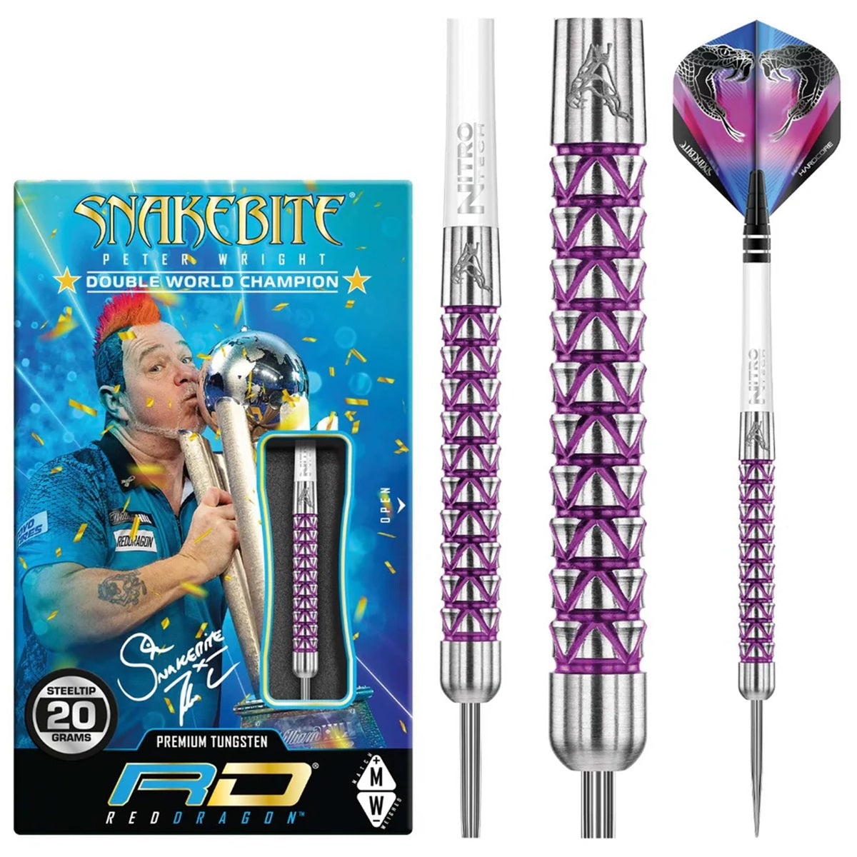 Peter Wright Vyper Steel Tip Darts product image showing the complete dart set, packaging and accessories