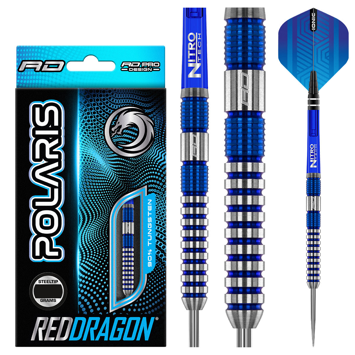 Polaris Steel Tip Darts product image showing the complete dart set, packaging and accessories