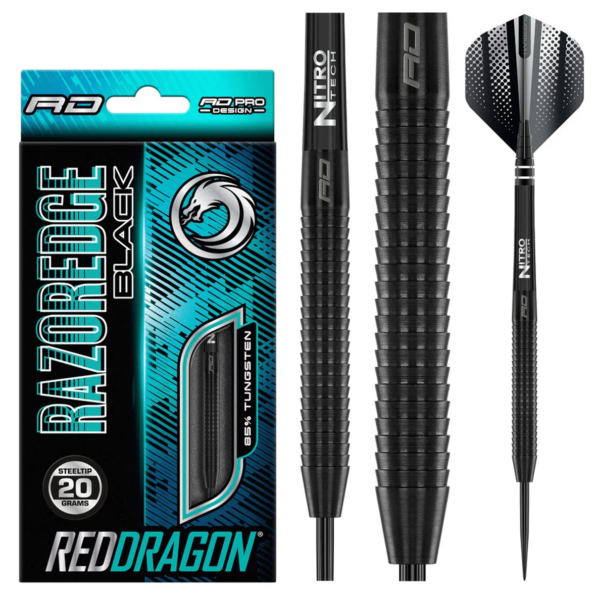 Razor Edge Black Steel Tip Darts product image showing the complete dart set, packaging and accessories