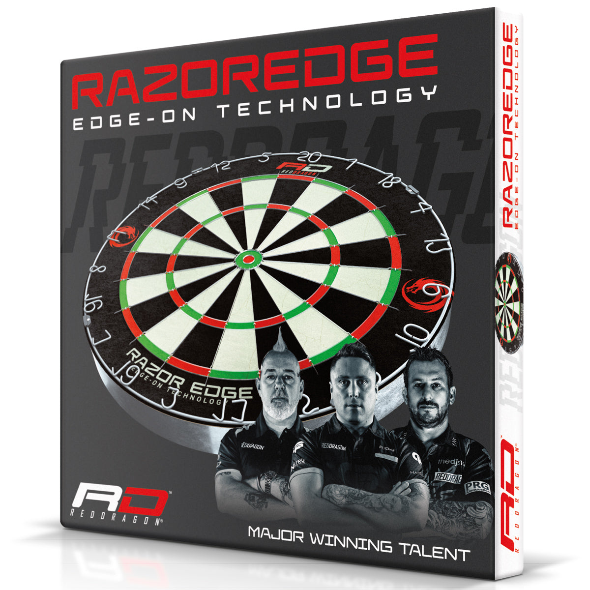 Red Dragon Razoredge Dartboard outer box image showing the retail packaging and branding