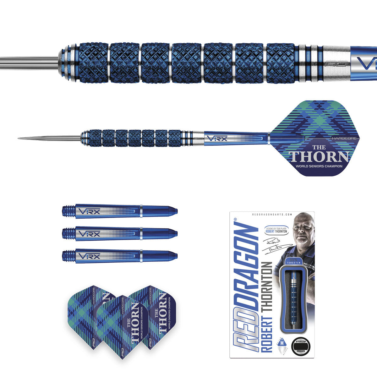 Contents of the Robert Thornton Seniors World Champion Cobalt SE darts box including flights, shafts and accessories