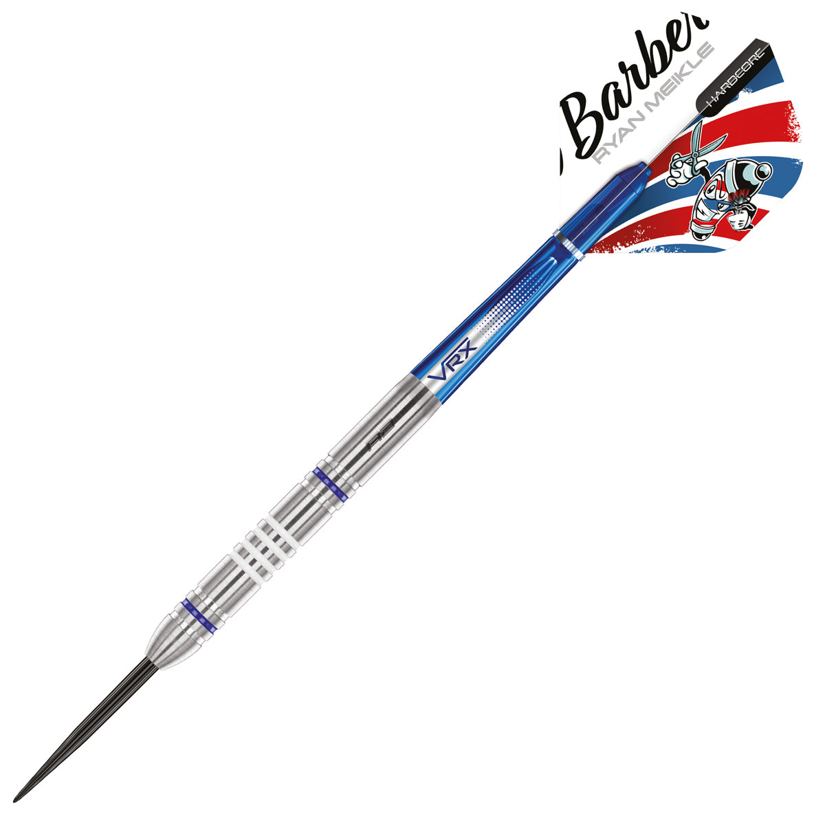 Ryan Meikle Steel Tip Darts close up image highlighting the barrel grip texture, coating, machining, and design details