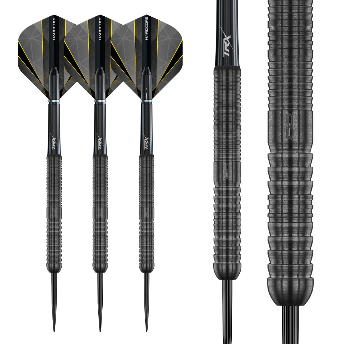 Seren 1 Onyx Steel Tip Darts complete dart overview image showing the full barrel profile and design from multiple angles