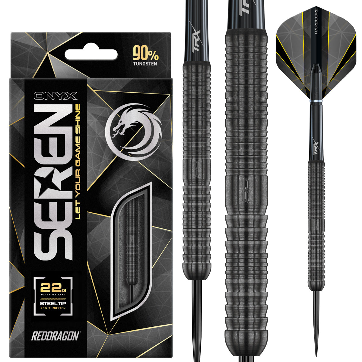 Seren 1 Onyx Steel Tip Darts main product image showing the darts, packaging, flights, shafts, and included accessories