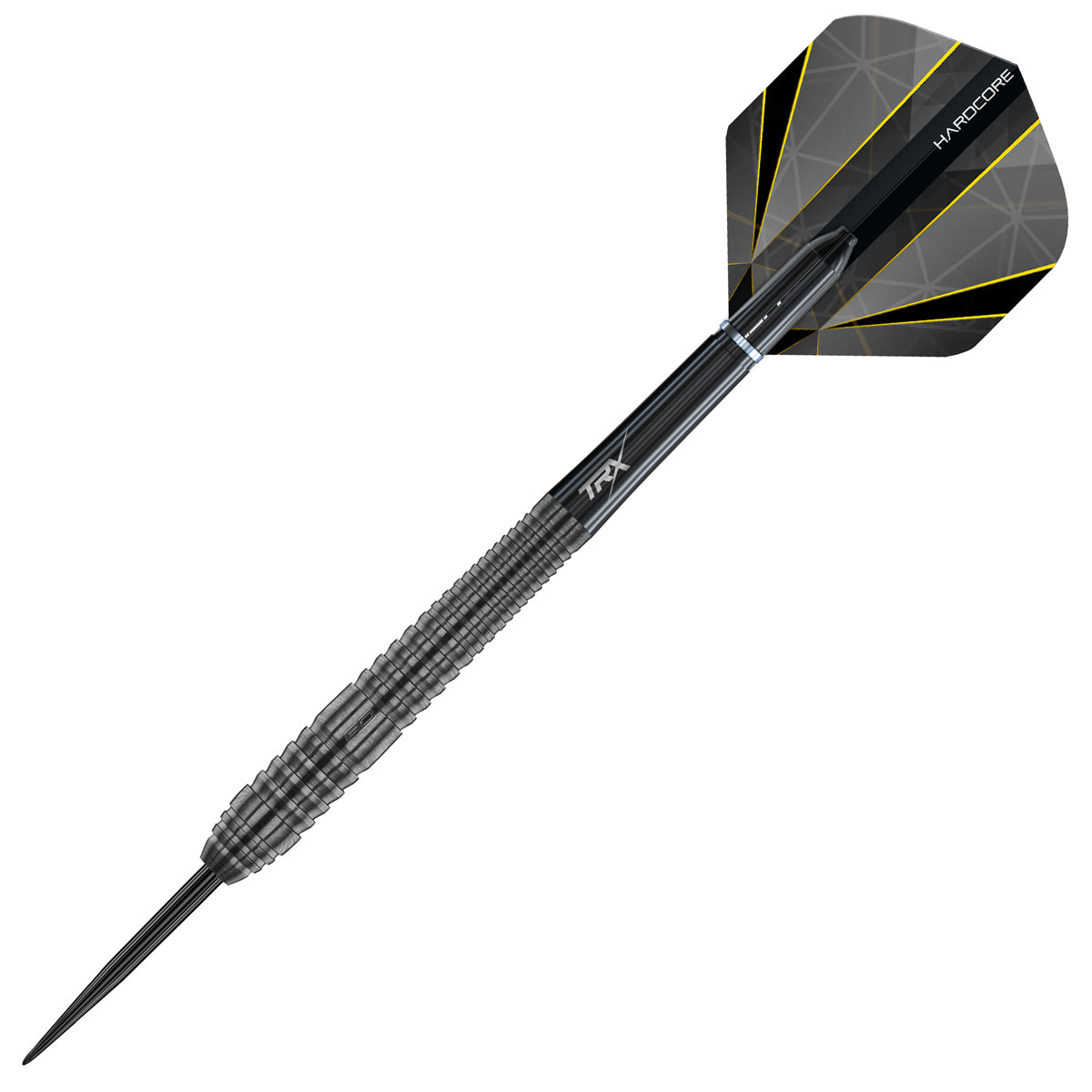 Seren 2 Onyx Steel Tip Darts close up image highlighting the barrel grip texture, coating, machining, and design details