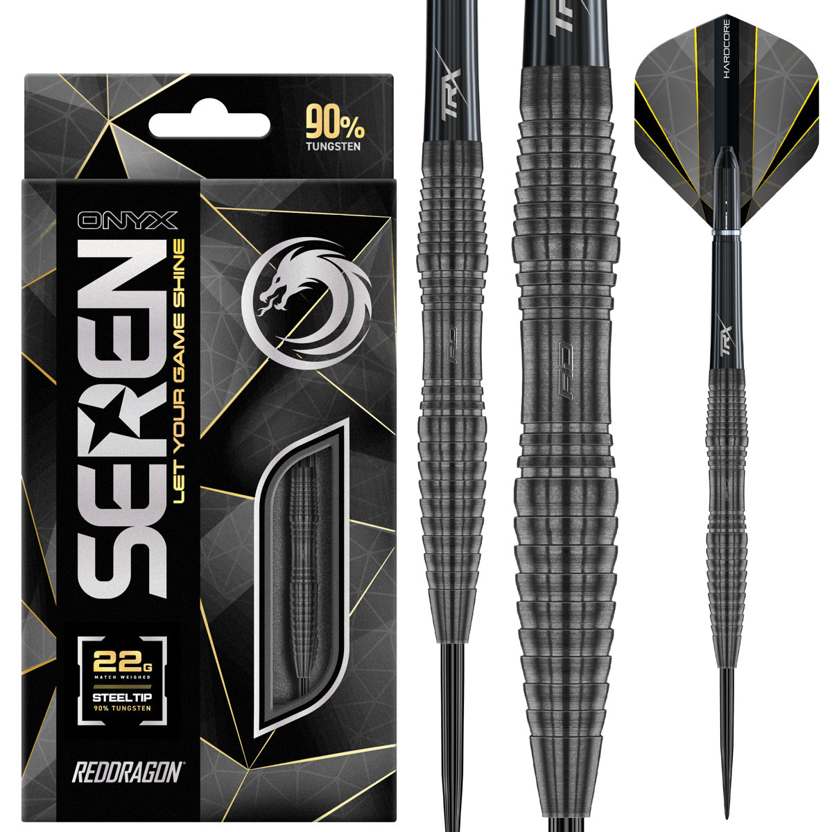 Seren 3 Onyx Steel Tip Darts main product image showing the darts, packaging, flights, shafts, and included accessories