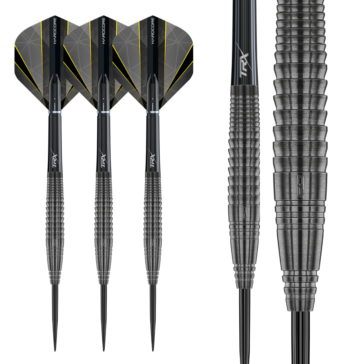Seren 4 Onyx Steel Tip Darts complete dart overview image showing the full barrel profile and design from multiple angles