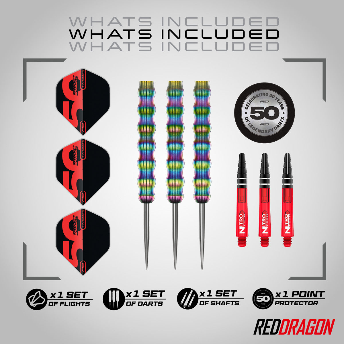 Red Dragon Shockwaves Steel Tip Darts image displaying everything included inside the box