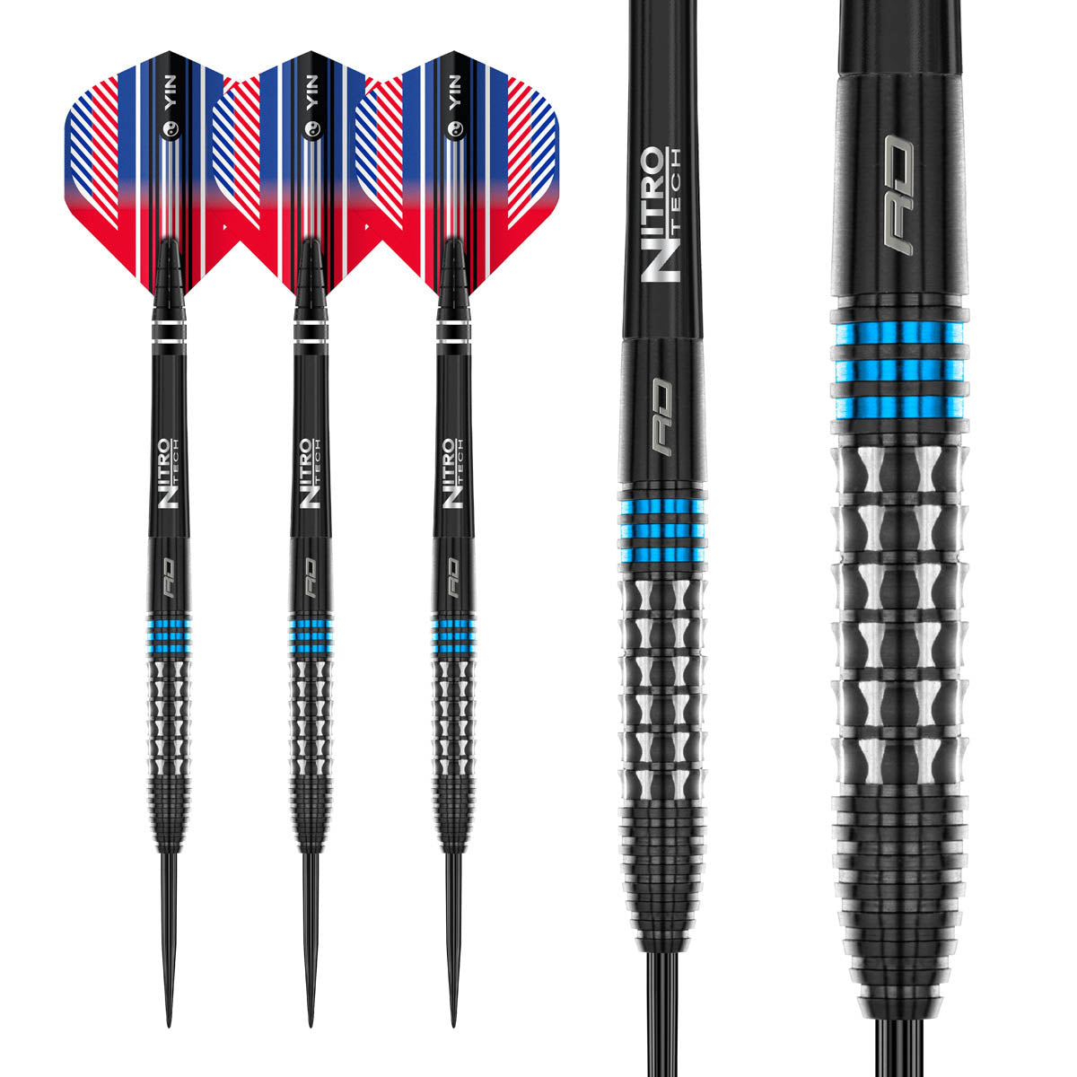 Vengeance Blue Steel Tip Darts complete dart overview image showing the full barrel profile and design from multiple angles
