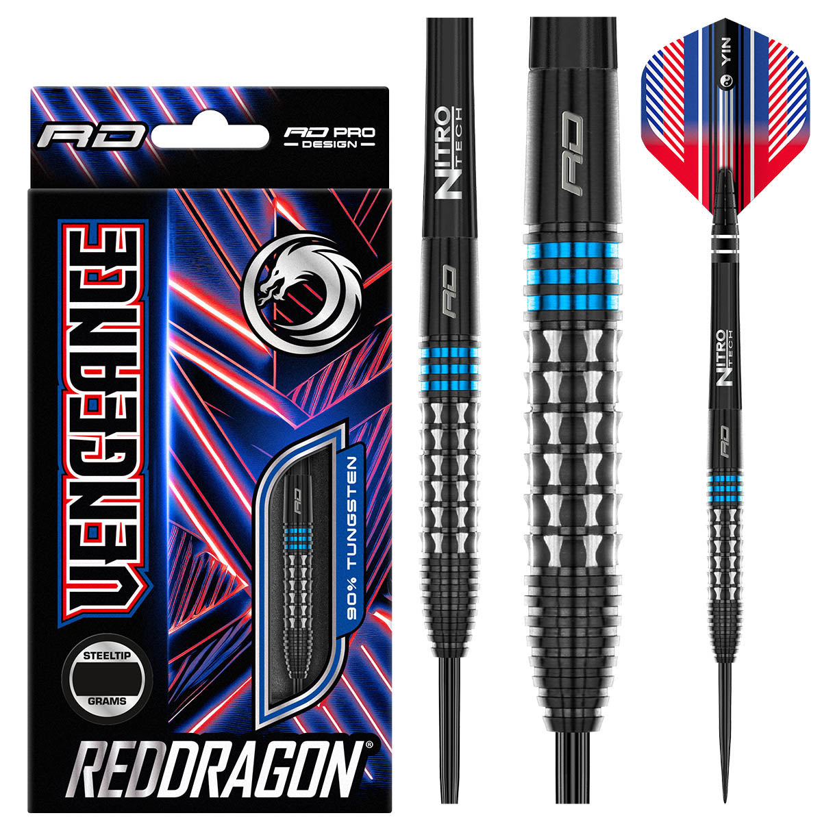 Vengeance Blue Steel Tip Darts main product image showing the darts, packaging, flights, shafts, and included accessories