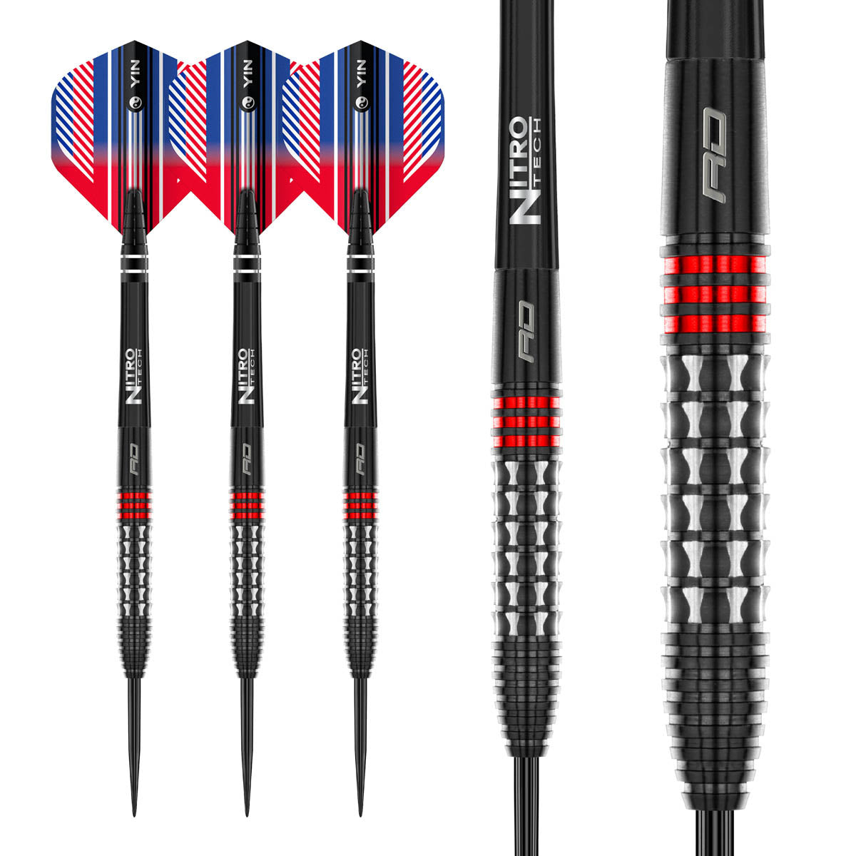 Vengeance Red Steel Tip Darts complete dart overview image showing the full barrel profile and design from multiple angles