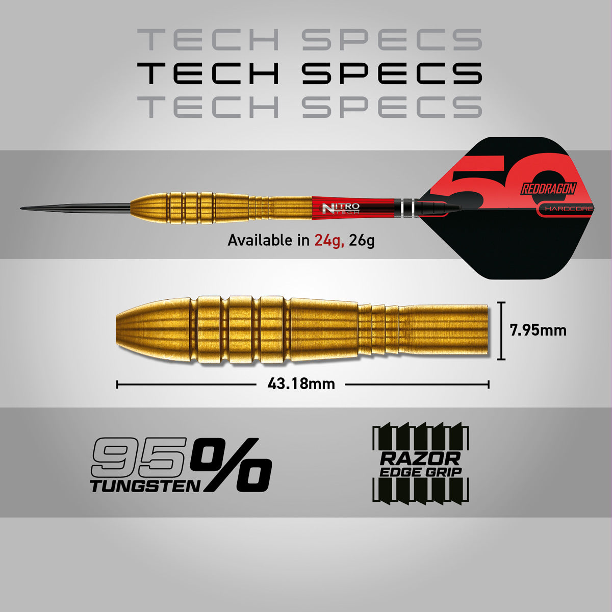 Red Dragon Virgin 5 Steel Tip Darts specifications image showing barrel dimensions, weight, and technical details