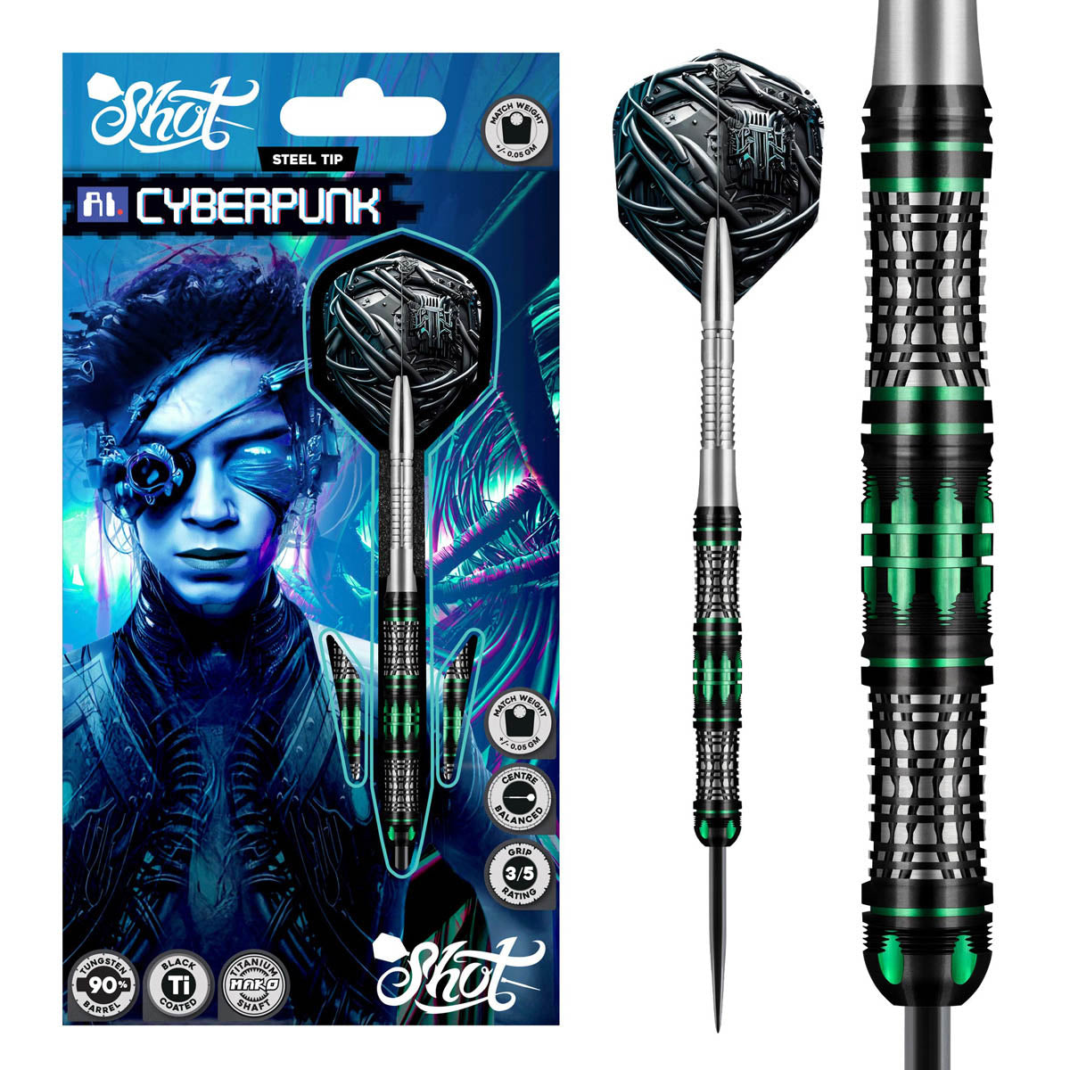 AI Cyberpunk Steel Tip Darts main product image showing the darts, packaging, flights, shafts, and included accessories
