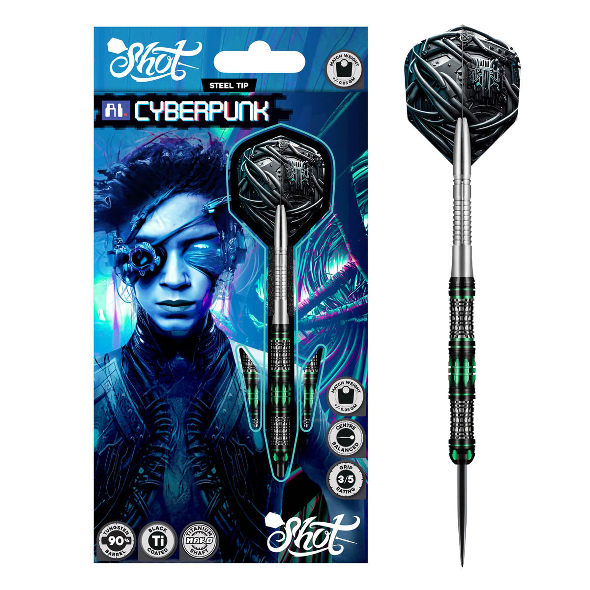 AI Cyberpunk Steel Tip Darts packaging exterior image showing the outer box artwork, branding, and presentation design