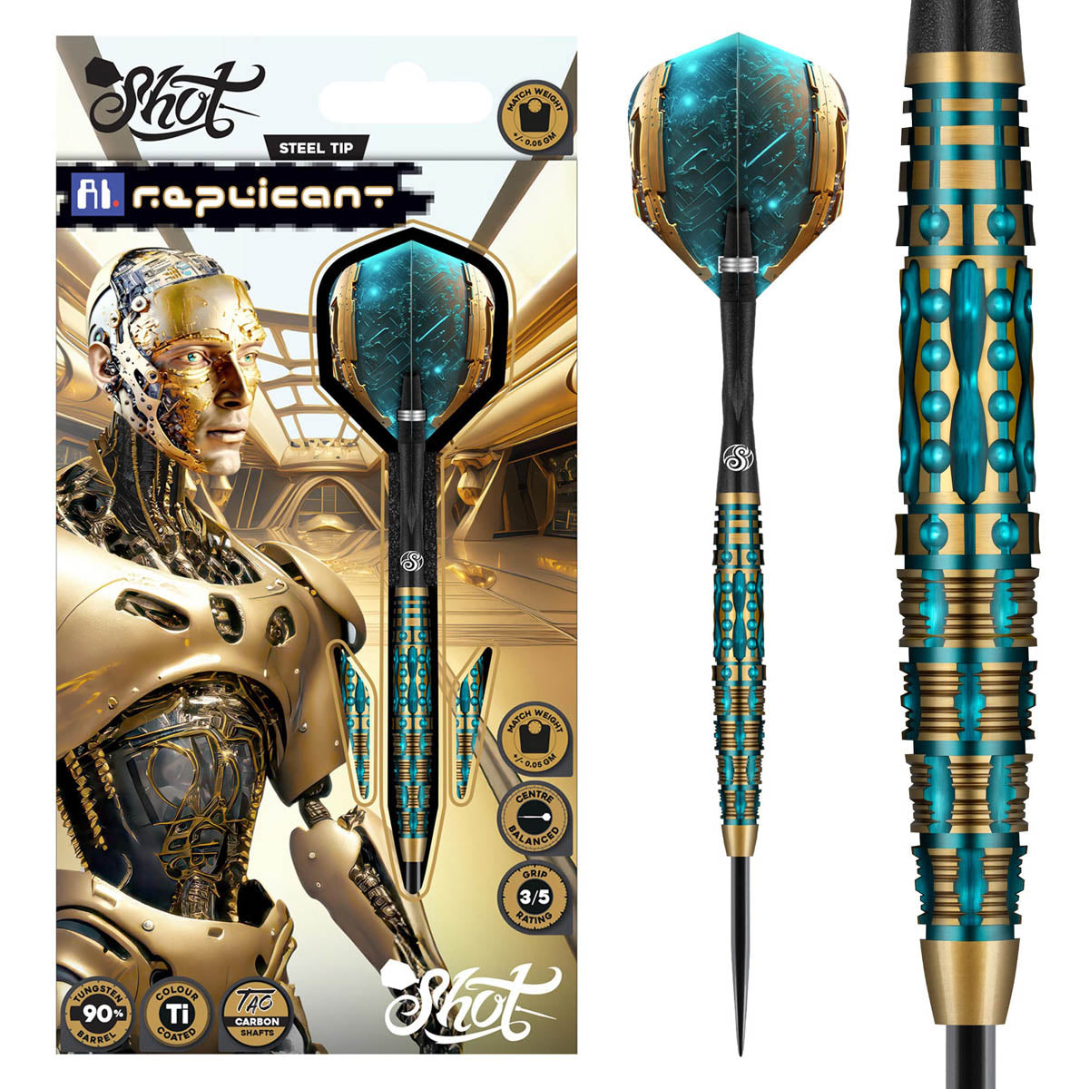 AI Replicant Steel Tip Darts main product image showing the darts, packaging, flights, shafts, and included accessories