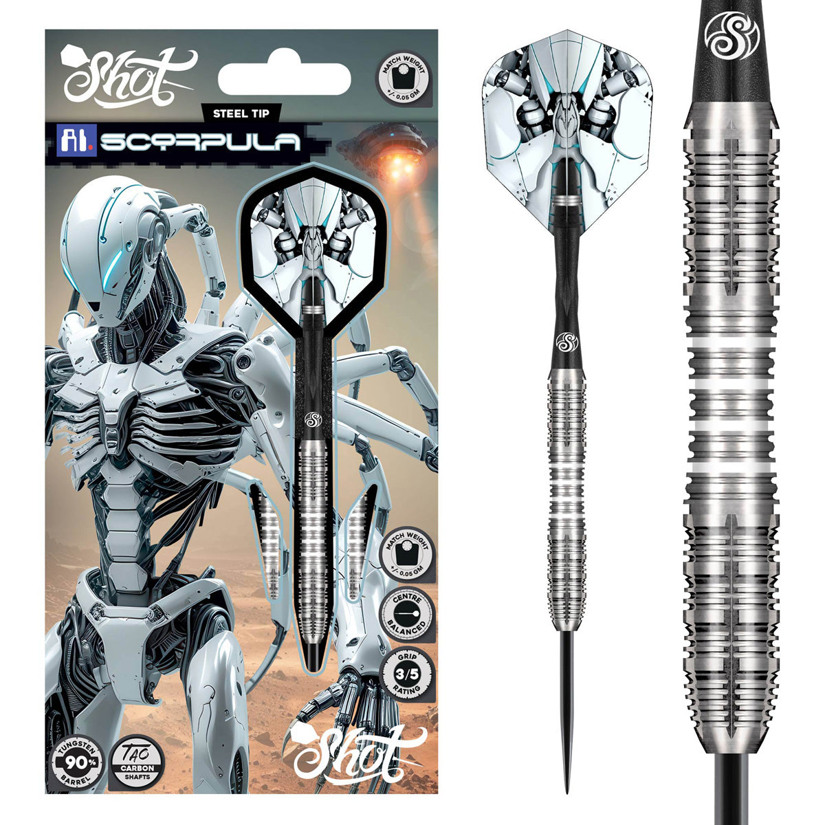 AI Scorpula Steel Tip Darts main product image showing the darts, packaging, flights, shafts, and included accessories