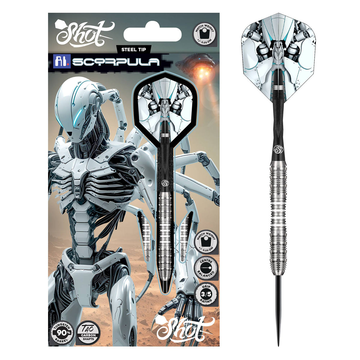 AI Scorpula Steel Tip Darts packaging exterior image showing the outer box artwork, branding, and presentation design