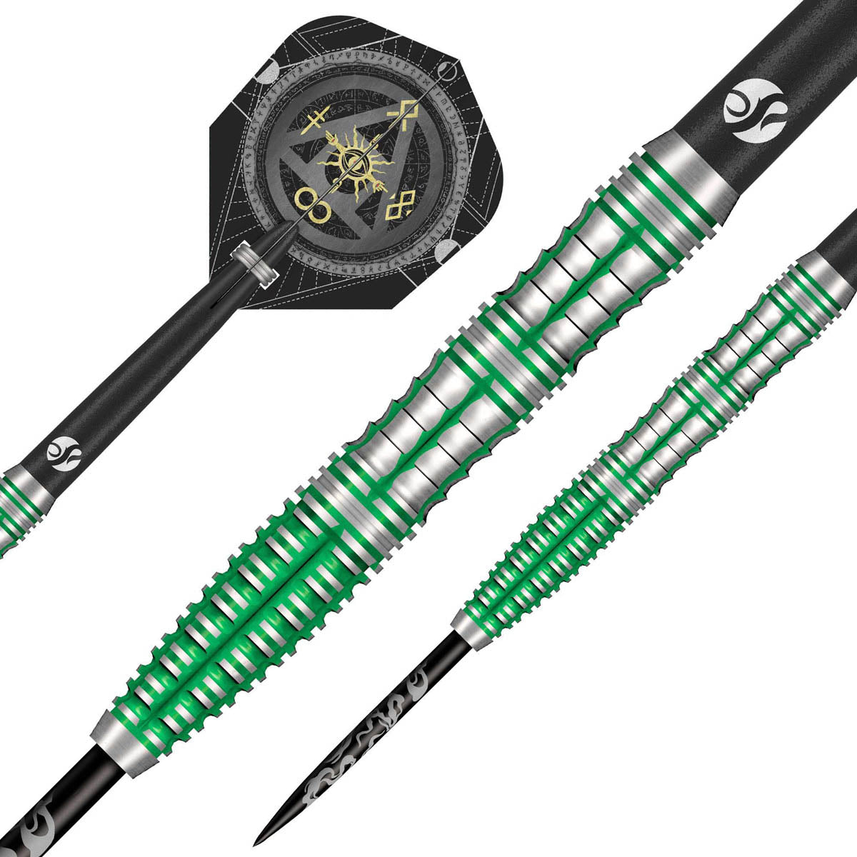 Alchemy Mythril Steel Tip Darts dynamic product image highlighting the full dart setup and barrel design