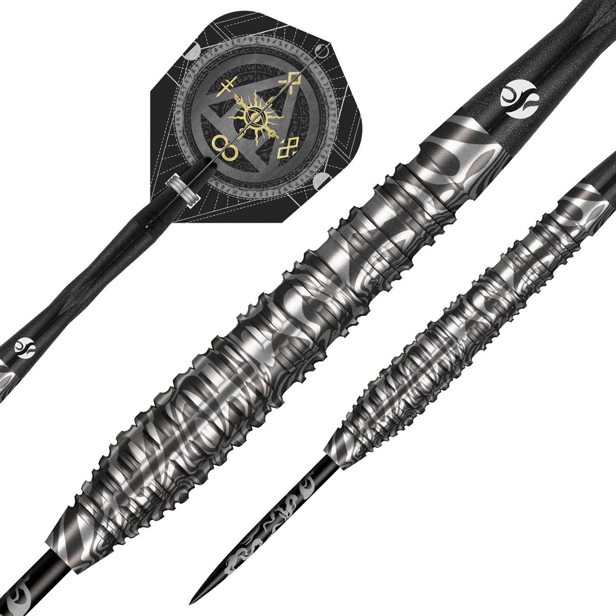 Alchemy Runstel Steel Tip Darts dynamic product image highlighting the full dart setup and barrel design