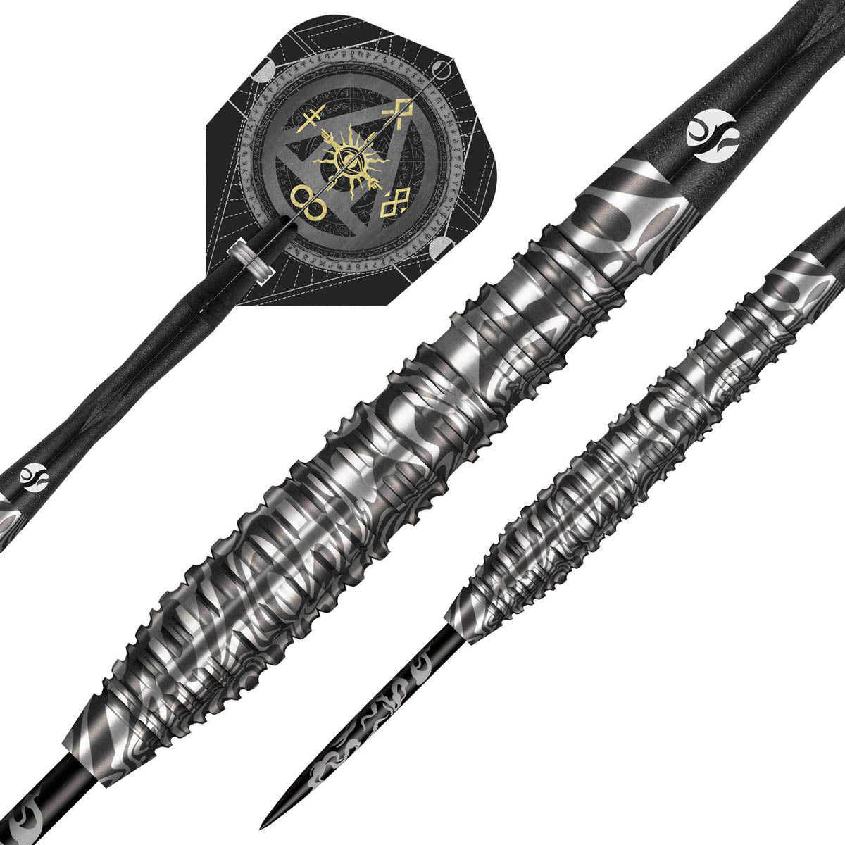 Alchemy Runstel Steel Tip Darts dynamic product image highlighting the full dart setup and barrel design