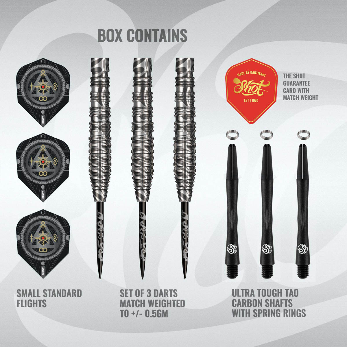 Alchemy Runstel Steel Tip Darts contents image displaying everything included inside the package