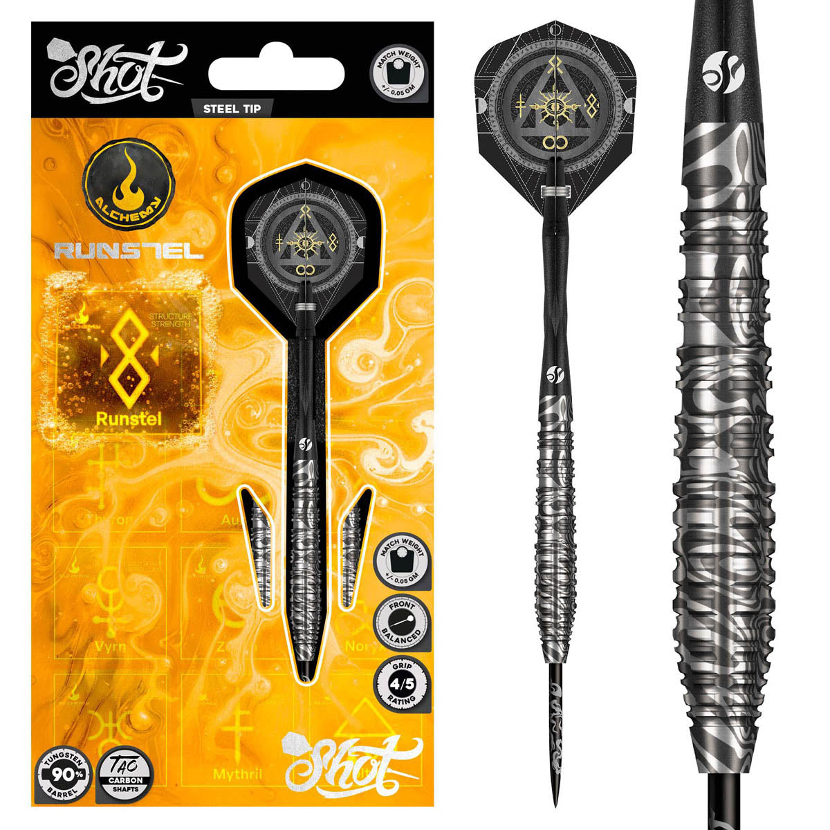 Alchemy Runstel Steel Tip Darts main product image showing the darts, packaging, flights, shafts, and included accessories