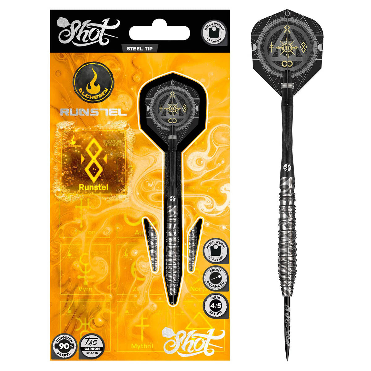 Alchemy Runstel Steel Tip Darts packaging exterior image showing the outer box artwork, branding, and presentation design