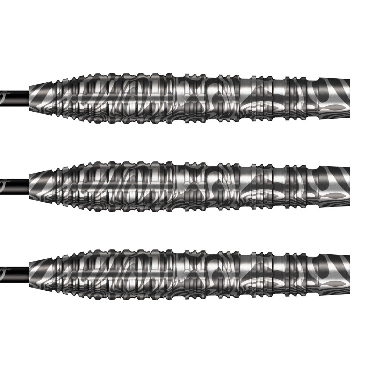 Alchemy Runstel Steel Tip Darts close up image showing detailed grip patterns, machining, coating, and precision craftsmanship