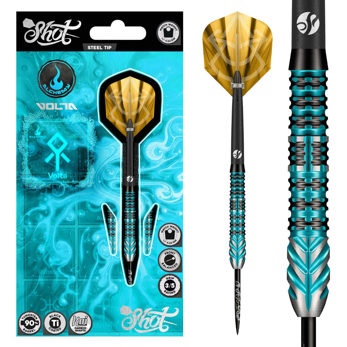 Alchemy Volta Steel Tip Darts main product image showing the darts, packaging, flights, shafts, and included accessories