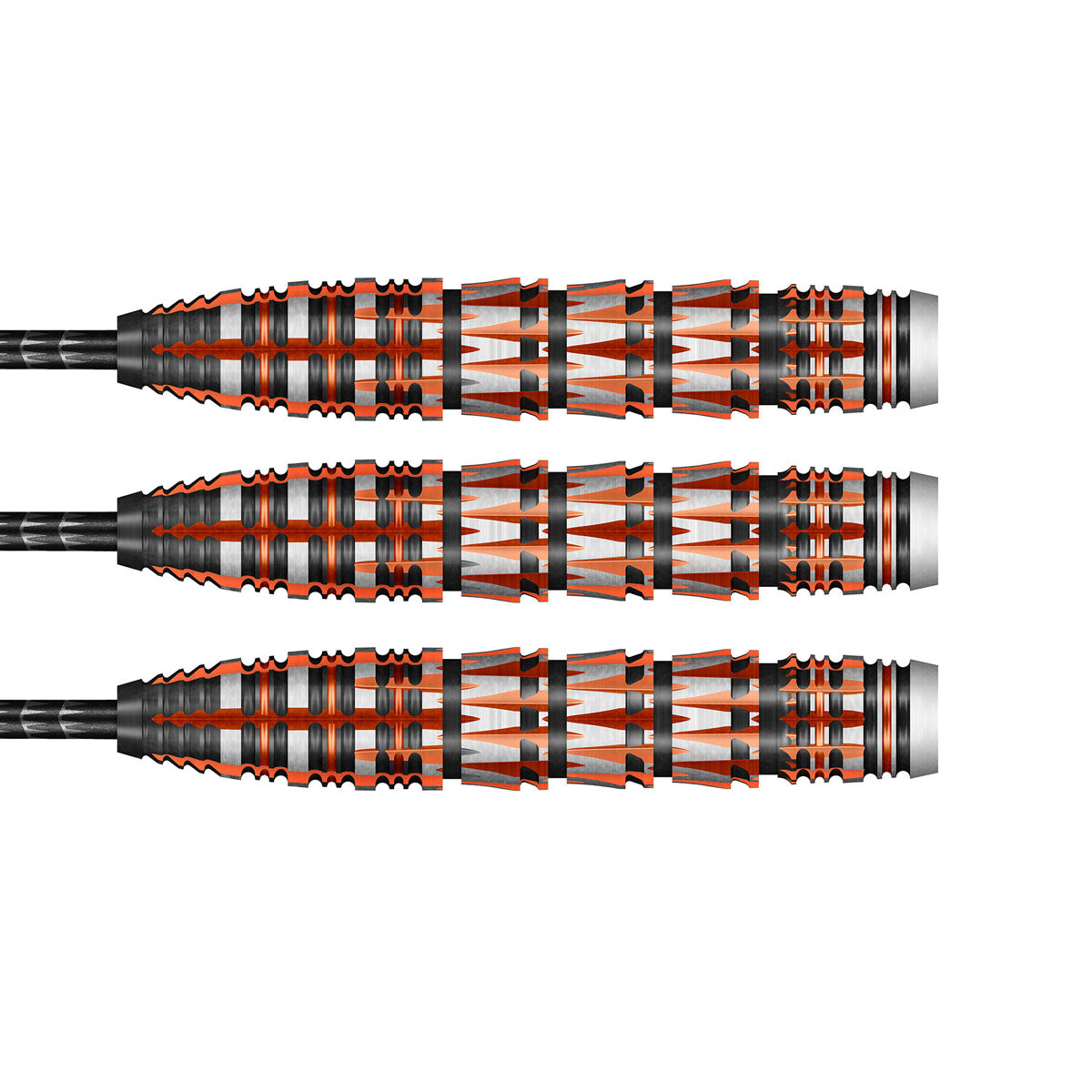 Badlands Rustin Steel Tip Darts close up image showing detailed grip patterns, machining, coating, and precision craftsmanship