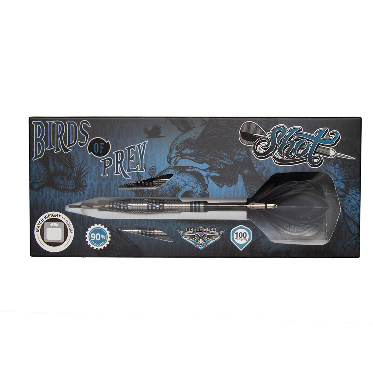 Birds of Prey Falcon Steel Tip Darts packaging image showing the retail presentation box and Shot branding