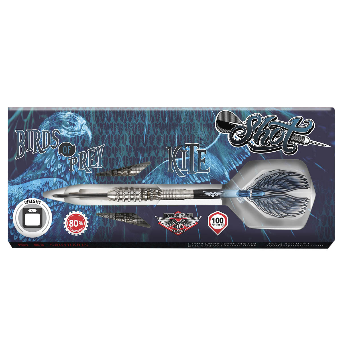Birds of Prey Kite Steel Tip Darts packaging image showing the retail presentation box and Shot branding