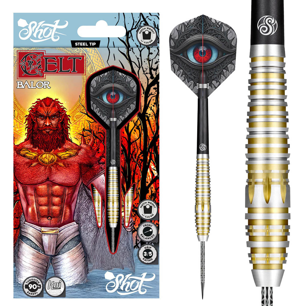 Celt Balor Steel Tip Darts main product image showing the darts, packaging, flights, shafts, and included accessories