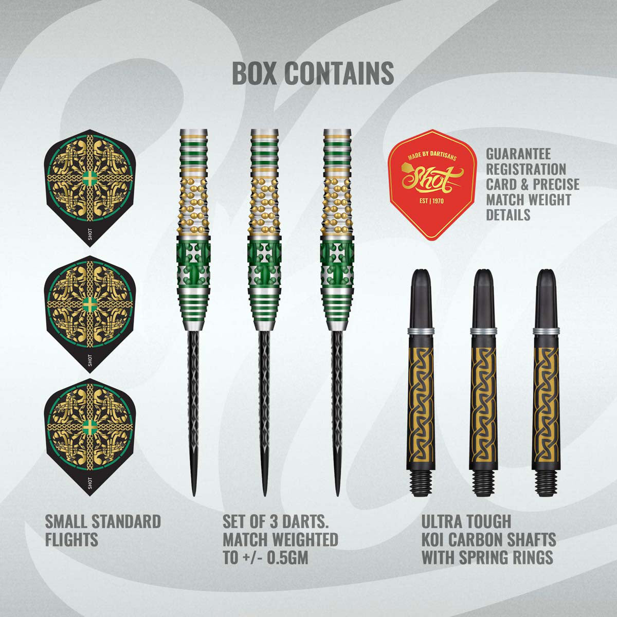 Celt Cernunnos Steel Tip Darts contents image displaying everything included inside the package