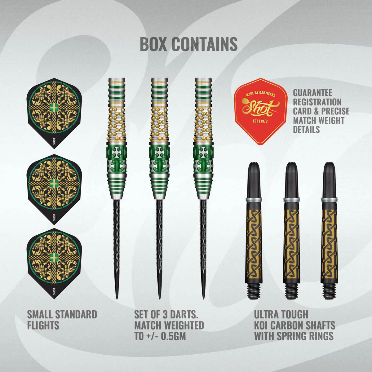 Celt Cernunnos Steel Tip Darts contents image displaying everything included inside the package