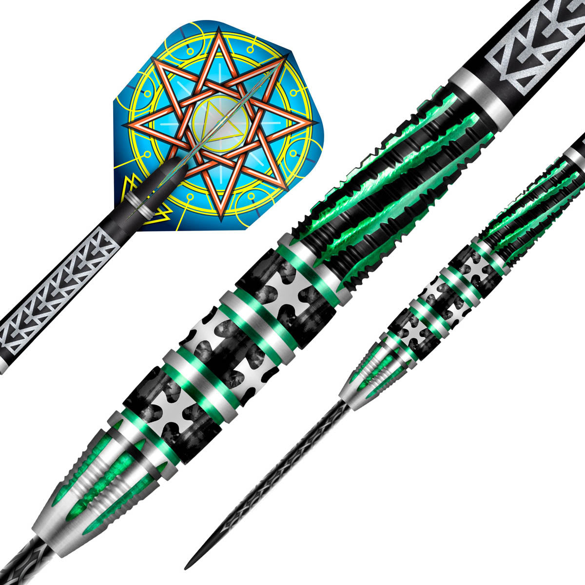 Celt Druid Steel Tip Darts dynamic product image highlighting the full dart setup and barrel design