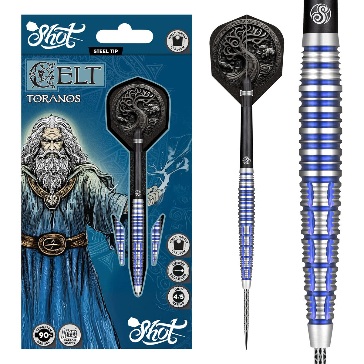 Celt Toranos Steel Tip Darts main product image showing the darts, packaging, flights, shafts, and included accessories