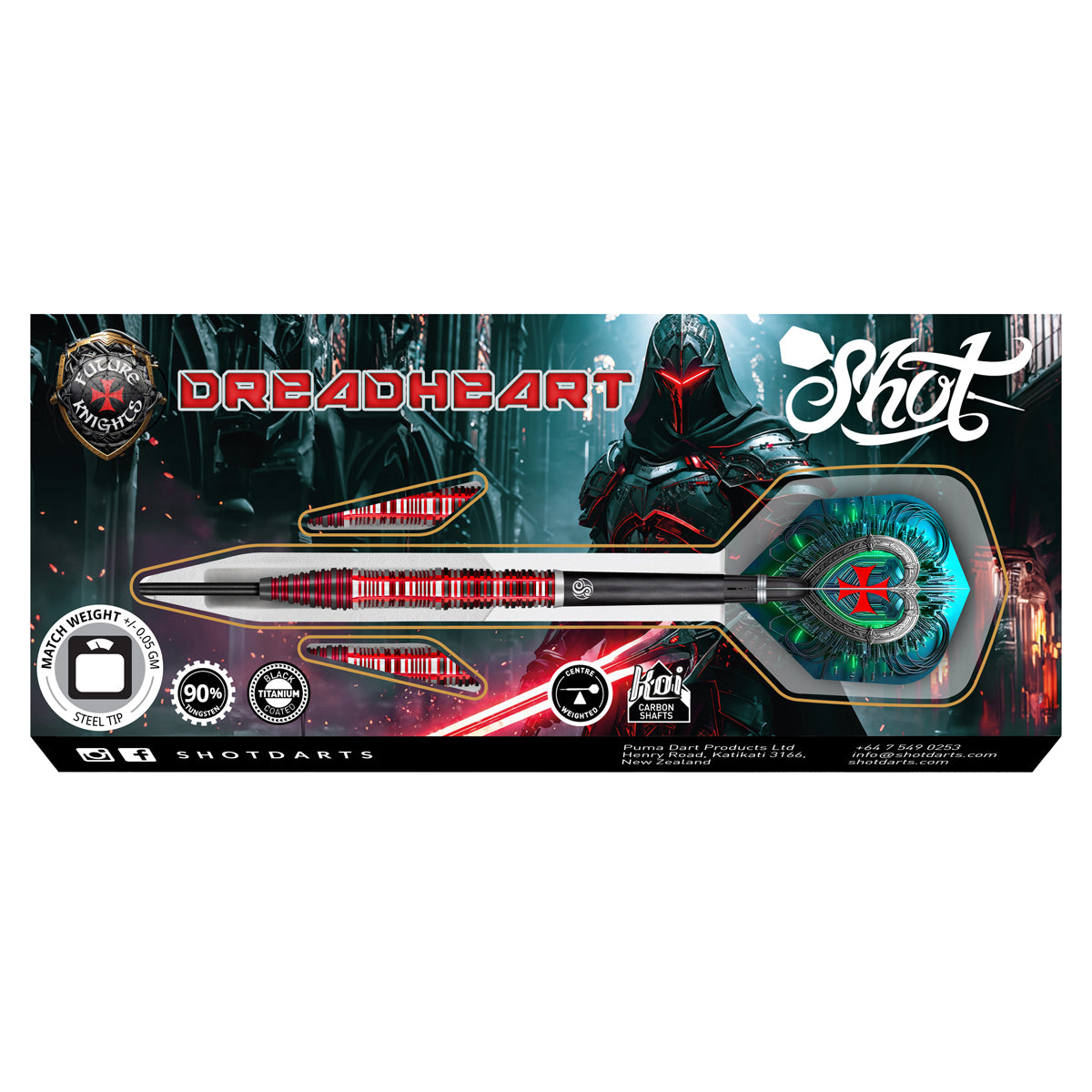 Future Knights Dreadheart Steel Tip Darts packaging image showing the retail presentation box and Shot branding